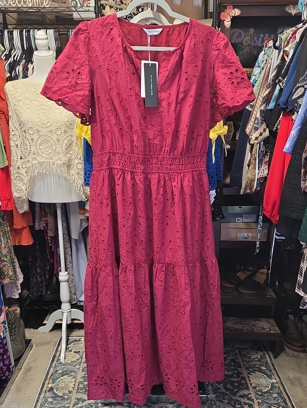 Pretty Garden Eyelet Tiered Maxi Dress Burgundy